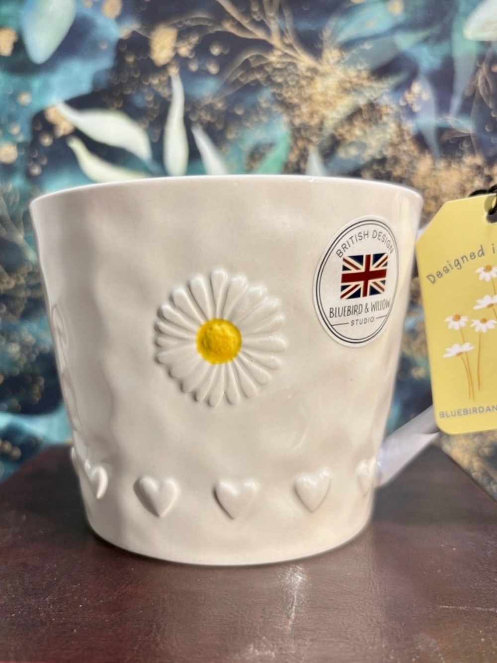 Bluebird & Willow Studio Stoneware embossed daisy and hearts coffee mug